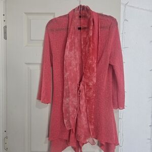 Alberto Makali Coral Open-Front Knit Cardigan with Draped Scarf
